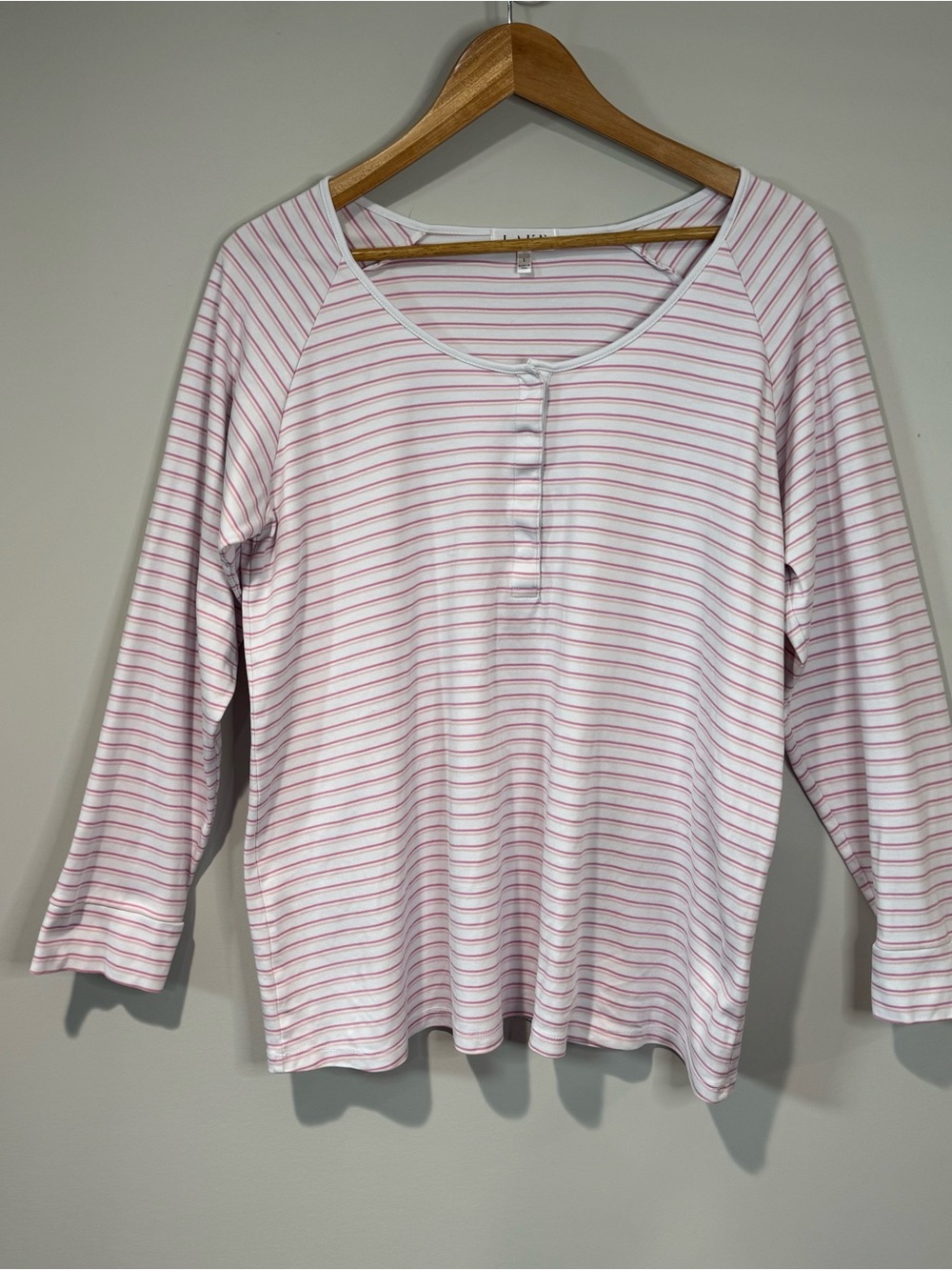 LAKE Pink & White Stripe Pajama Top Long Sleeve Henley Size L Lounge Sleepwear